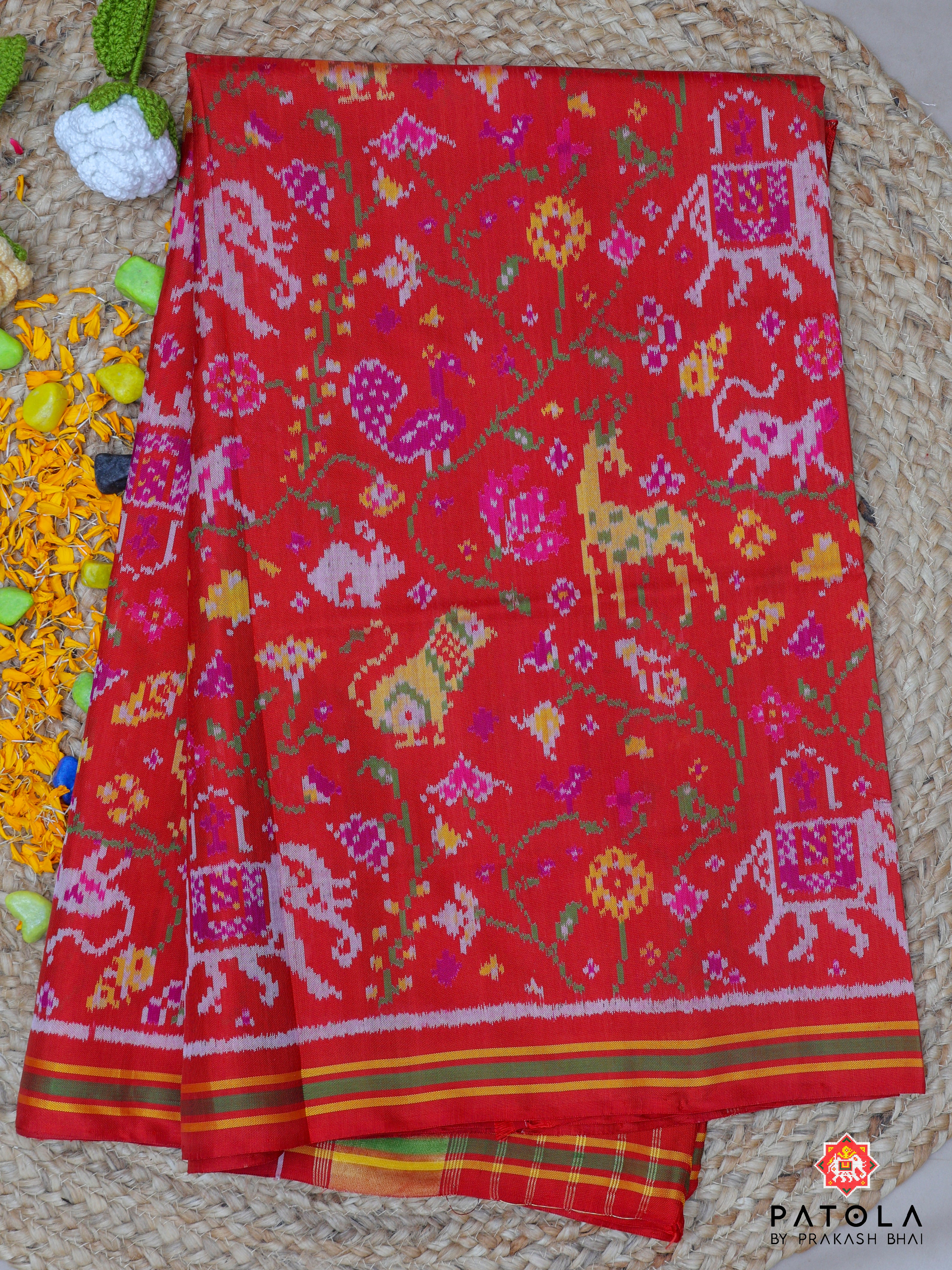 Flowers Vel With Animal Design Semi Double Ikat Patola Saree
